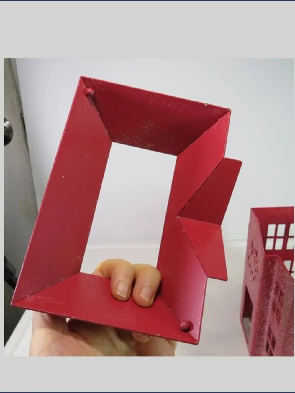 Red Metal House Luminary Glitter Tea Light Candle Holder Removable Roof Wreath